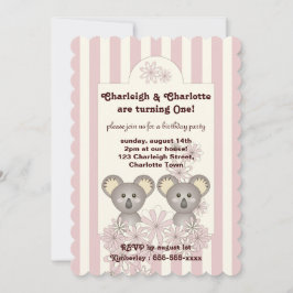 Invitación Pastel Pink Stripe Baby Koala Twin Chica Cumpleaño