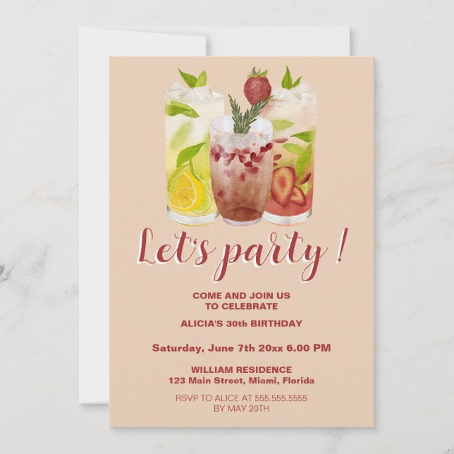Invitación Pastel Pink Summer Cocktail Fiesta Cumpleaños (Anverso)