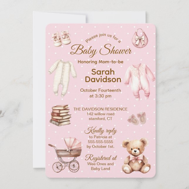 Invitación Pastel Pink Teddy Bear Clothes & Gifts-Baby Shower (Anverso)