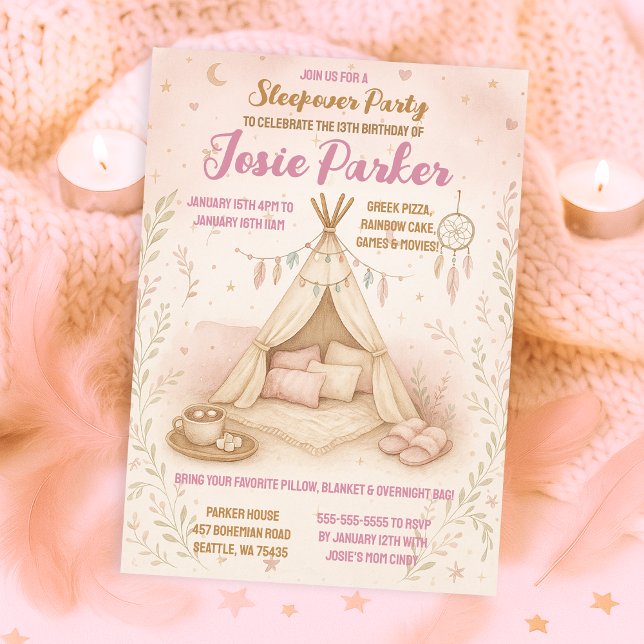 Invitación Pastel Pink Teepee Sleepover Fiesta de Cumpleaños (Subido por el creador)
