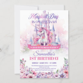 Invitación Pastel Pink Unicorn y Fairy Castle 1er cumpleaños
