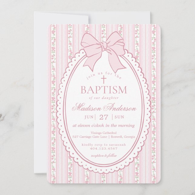 Invitación Pastel Pink Vintage Fancy Floral Baptism (Anverso)