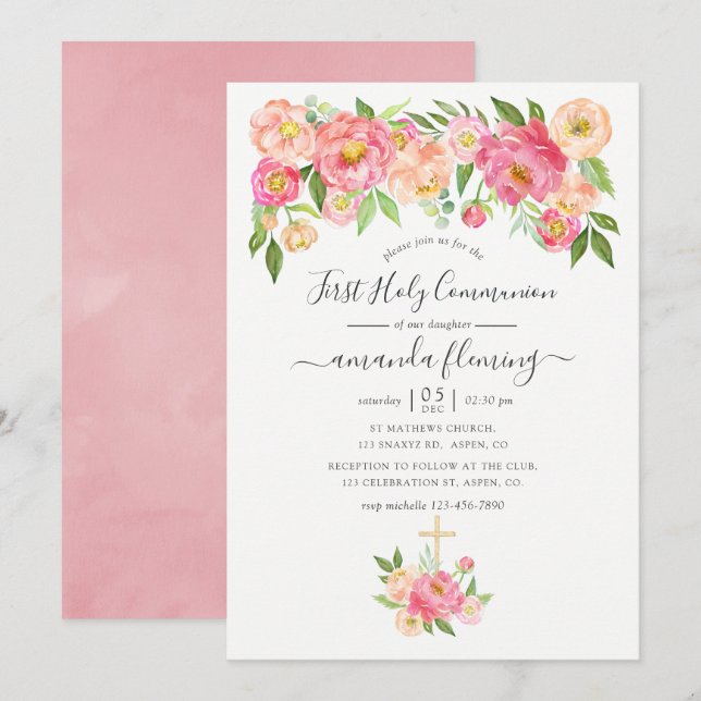 Invitación Pastel Pink Watercolor Peonies Santa Comunión (Anverso / Reverso)