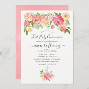 Invitación Pastel Pink Watercolor Peonies Santa Comunión