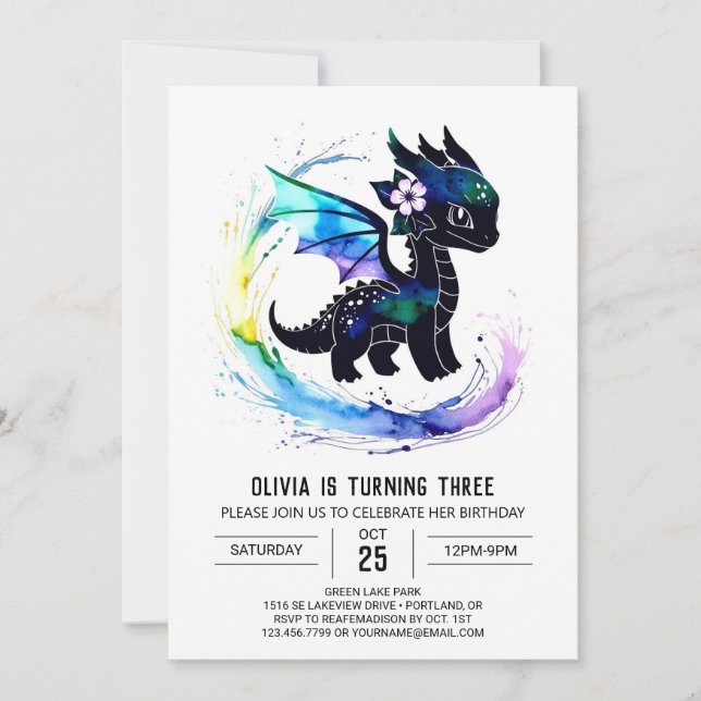 Invitación Pastel Pintado Dragón Digital Chica Cumpleaños (Anverso)
