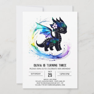 Invitación Pastel Pintado Dragón Digital Chica Cumpleaños