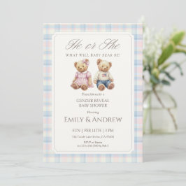 Invitación Pastel Plaid Teddy Bear Gender Reveal Baby Shower
