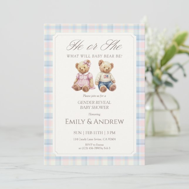 Invitación Pastel Plaid Teddy Bear Gender Reveal Baby Shower (Anverso de pie)