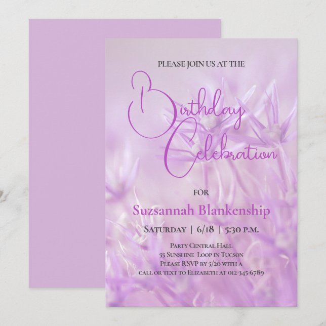 Invitación Pastel Purple Floral Background Fiesta de cumpleañ (Anverso / Reverso)