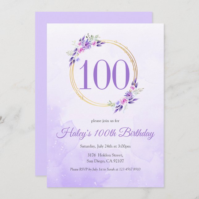 Invitación Pastel Purple Floral Golden Wreath 100 cumpleaños (Anverso / Reverso)