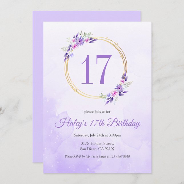 Invitación Pastel Purple Floral Golden Wreath 17 cumpleaños (Anverso / Reverso)