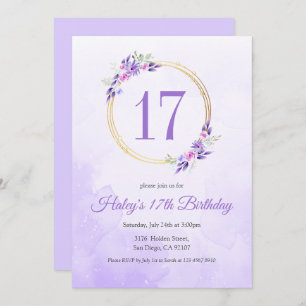 Invitación Pastel Purple Floral Golden Wreath 17 cumpleaños