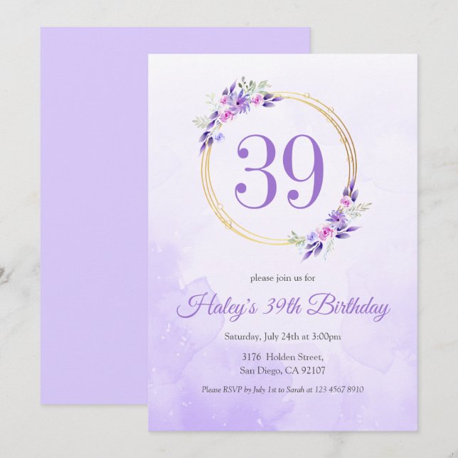 Invitación Pastel Purple Floral Golden Wreath 39 cumpleaños (Anverso / Reverso)