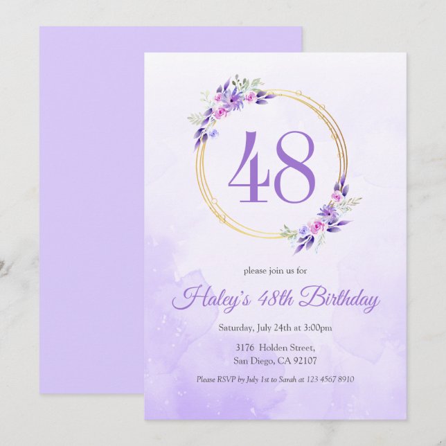 Invitación Pastel Purple Floral Golden Wreath 48º cumpleaños (Anverso / Reverso)