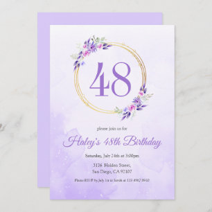 Invitación Pastel Purple Floral Golden Wreath 48º cumpleaños