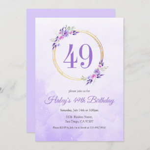 Invitación Pastel Purple Floral Golden Wreath 49º cumpleaños
