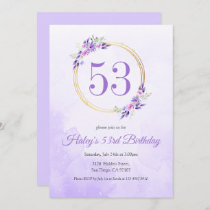 Invitación Pastel Purple Floral Golden Wreath 53 cumpleaños