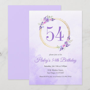 Invitación Pastel Purple Floral Golden Wreath 54 cumpleaños