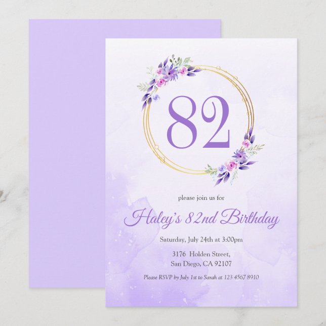 Invitación Pastel Purple Floral Golden Wreath 82º cumpleaños (Anverso / Reverso)