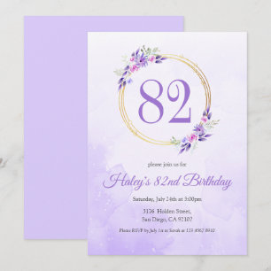 Invitación Pastel Purple Floral Golden Wreath 82º cumpleaños