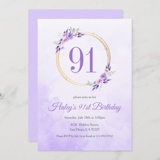 Invitación Pastel Purple Floral Golden Wreath 91º cumpleaños (Anverso / Reverso)