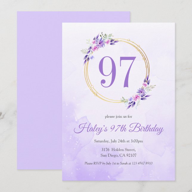 Invitación Pastel Purple Floral Golden Wreath 97º cumpleaños (Anverso / Reverso)