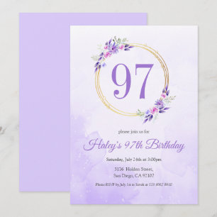 Invitación Pastel Purple Floral Golden Wreath 97º cumpleaños