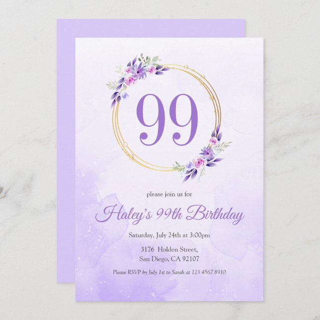 Invitación Pastel Purple Floral Golden Wreath 99º cumpleaños (Anverso / Reverso)