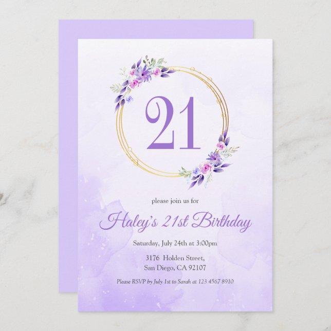 Invitación Pastel Purple Floral Golden Wreath cumpleaños 21 (Anverso / Reverso)