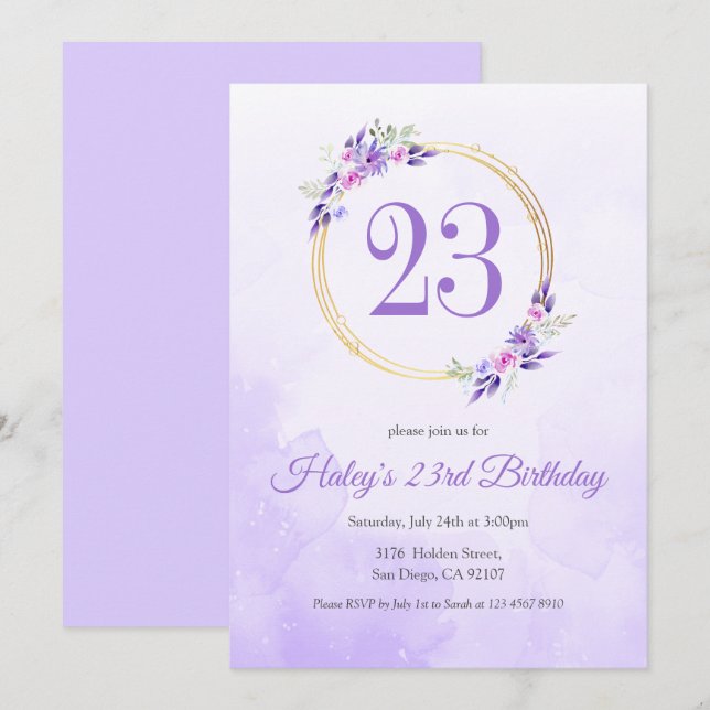 Invitación Pastel Purple Floral Golden Wreath cumpleaños 23 (Anverso / Reverso)