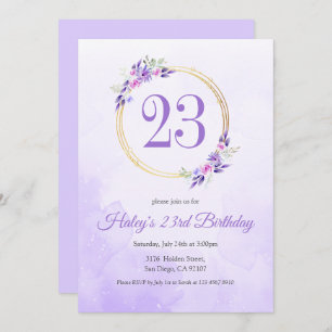 Invitación Pastel Purple Floral Golden Wreath cumpleaños 23