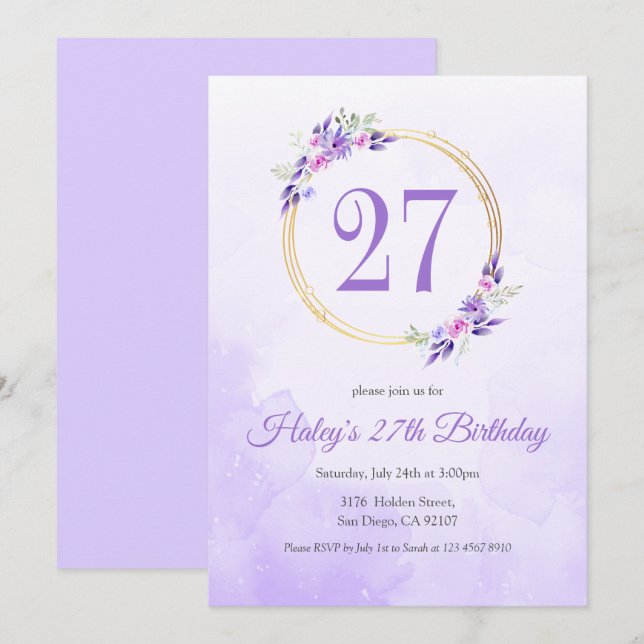Invitación Pastel Purple Floral Golden Wreath cumpleaños 27 (Anverso / Reverso)
