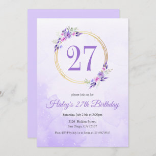 Invitación Pastel Purple Floral Golden Wreath cumpleaños 27