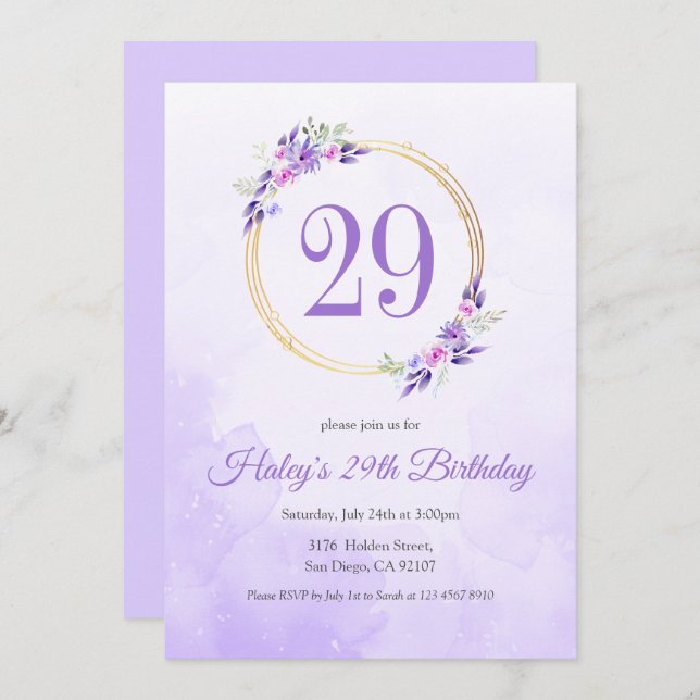 Invitación Pastel Purple Floral Golden Wreath cumpleaños 29 (Anverso / Reverso)