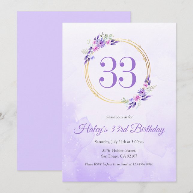 Invitación Pastel Purple Floral Golden Wreath cumpleaños 33 (Anverso / Reverso)