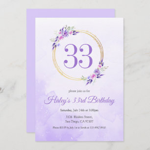 Invitación Pastel Purple Floral Golden Wreath cumpleaños 33