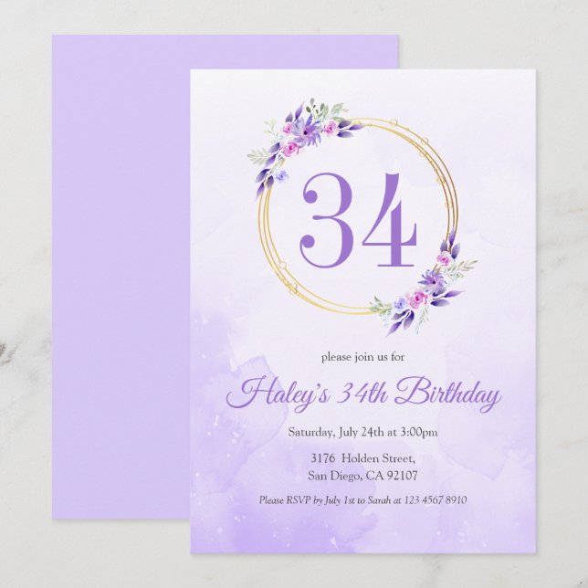 Invitación Pastel Purple Floral Golden Wreath cumpleaños 34 (Anverso / Reverso)