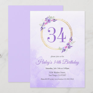 Invitación Pastel Purple Floral Golden Wreath cumpleaños 34