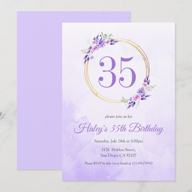 Invitación Pastel Purple Floral Golden Wreath cumpleaños 35 (Anverso / Reverso)