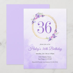 Invitación Pastel Purple Floral Golden Wreath cumpleaños 36