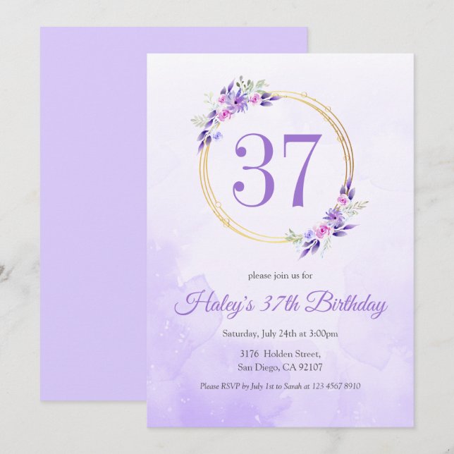Invitación Pastel Purple Floral Golden Wreath cumpleaños 37 (Anverso / Reverso)
