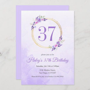 Invitación Pastel Purple Floral Golden Wreath cumpleaños 37