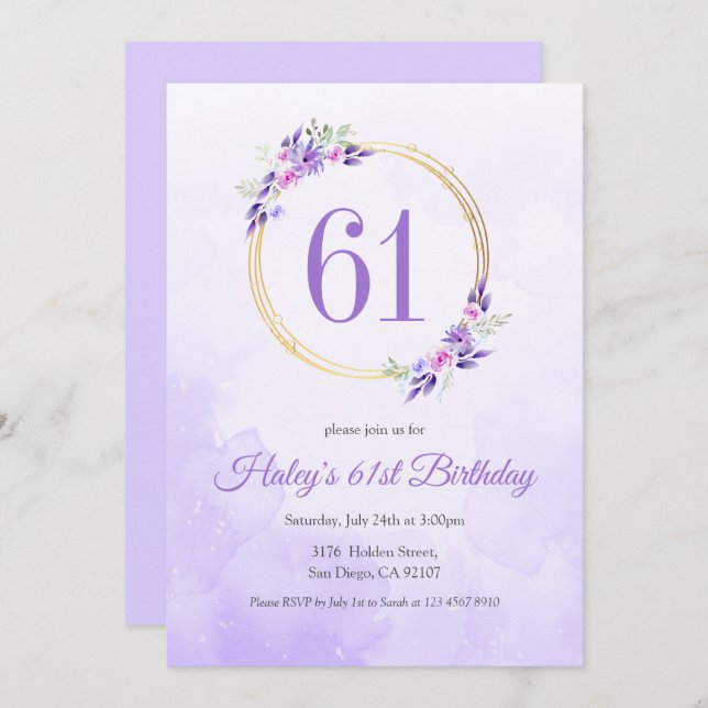 Invitación Pastel Purple Floral Golden Wreath cumpleaños 61 (Anverso / Reverso)