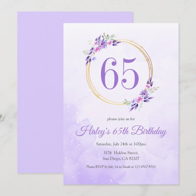 Invitación Pastel Purple Floral Golden Wreath cumpleaños 65 (Anverso / Reverso)