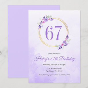 Invitación Pastel Purple Floral Golden Wreath cumpleaños 67
