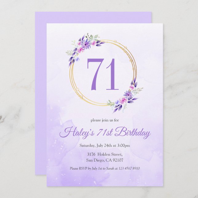 Invitación Pastel Purple Floral Golden Wreath cumpleaños 71 (Anverso / Reverso)