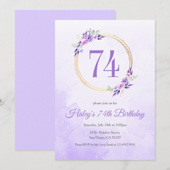 Invitación Pastel Purple Floral Golden Wreath cumpleaños 74 (Anverso / Reverso)