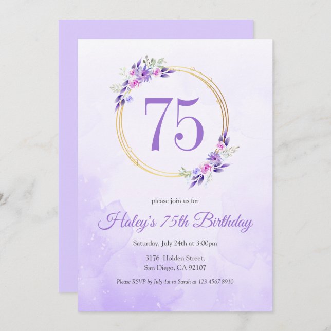 Invitación Pastel Purple Floral Golden Wreath cumpleaños 75 (Anverso / Reverso)
