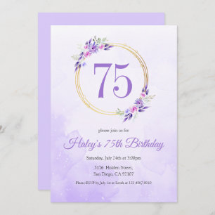 Invitación Pastel Purple Floral Golden Wreath cumpleaños 75