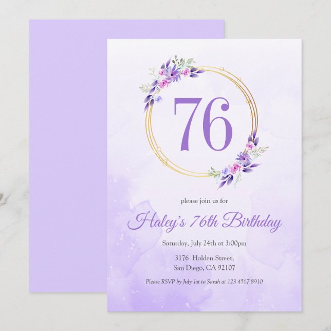 Invitación Pastel Purple Floral Golden Wreath cumpleaños 76 (Anverso / Reverso)